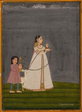 人気のインド料理 Painting - 子供に抱かれるフッカを持つ女性 1800 年 インド